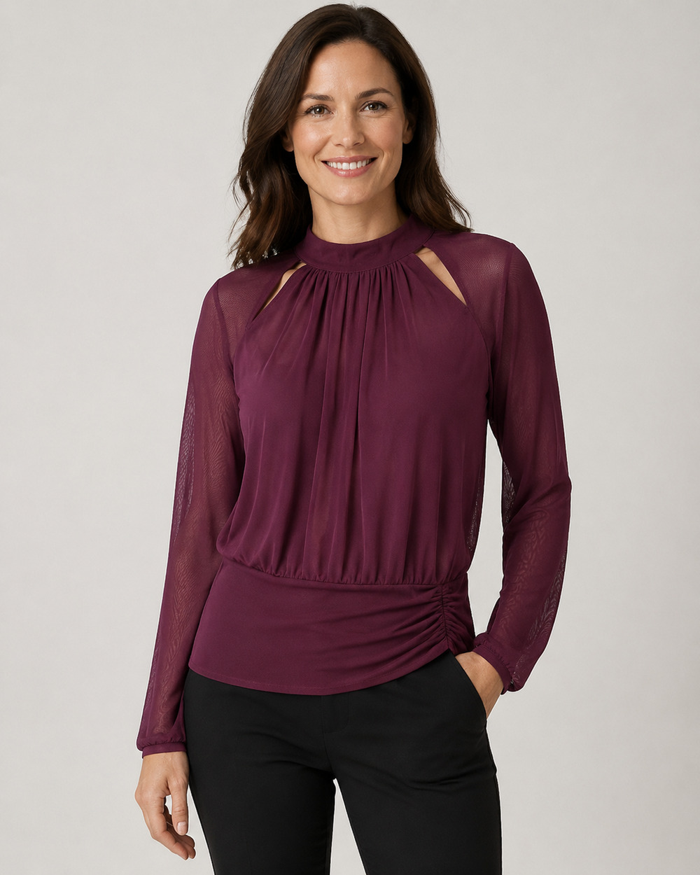INC Womens NWT Blouse M Maroon Sheer Mesh Mock Neck Ruched Waist Cutout Top